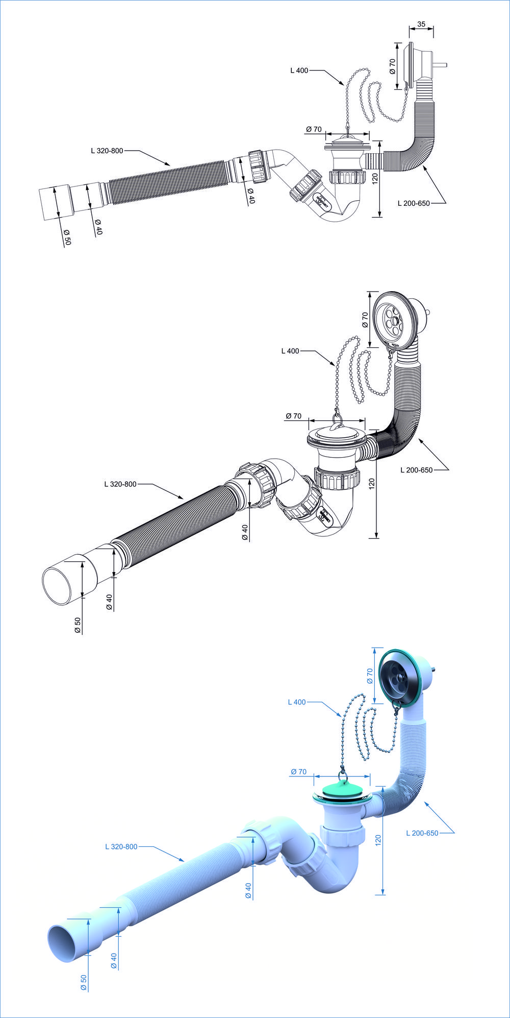 Сифон для ванны S-обр. 1 1/2-40 c гофр.трубой 40*40х50 (800мм.) SB0180